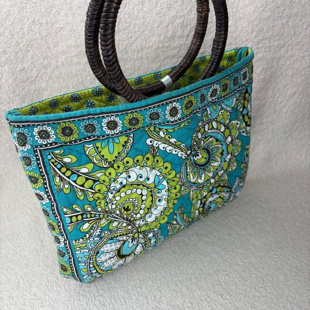 Vera Bradley Quilted Purse Wrapped Wooden Handle Green/Blue/Brown Resort Casual - Picture 6 of 13